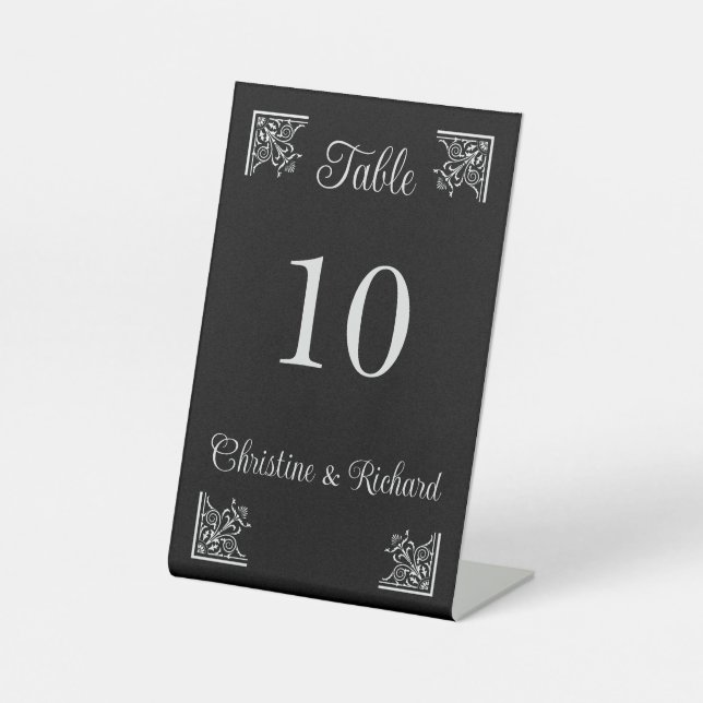 Personalisierte Schwarz-Weiß-Vintage-Hochzeit Sockelschild (Vorderseite)