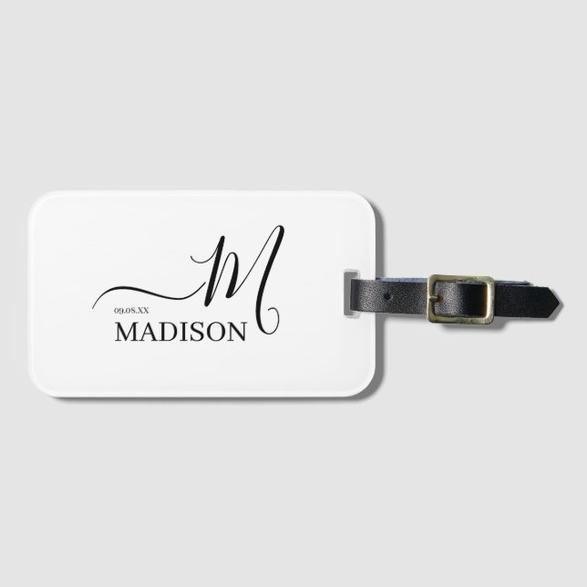 Personalisierte Schwarz-weiße Mongram Script-Hochz Gepäckanhänger (Vorderseite (Horizontal))