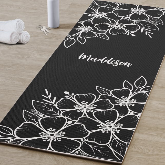 Personalisierte Schwarze Blume Yogamatte (Personalized Black Flower Yoga Mat )