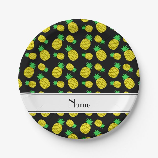 Personalisierte schwarze gelbe Namensananas Pappteller (Vorderseite)