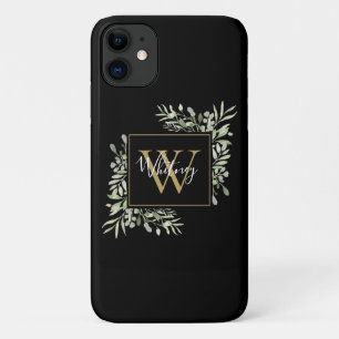 Personalisierte schwarze Gold-Monogramm-Grünpflanz Case-Mate iPhone Hülle