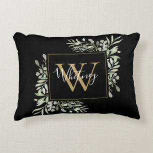 Personalisierte schwarze Gold-Monogramm-Grünpflanz Dekokissen