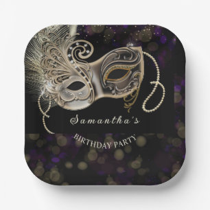 Personalisierte schwarze goldene purpurne Maskenpa Pappteller