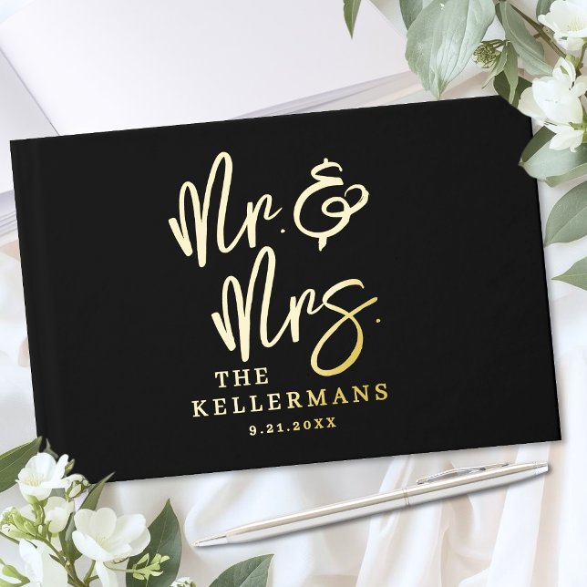 Personalisierte schwarze Hochzeitsgold Gästebuch (Personalized Black Wedding Gold Foil Guest Book)