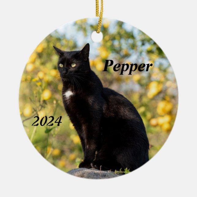 Personalisierte Schwarze Katze Keramik Ornament (Vorne)