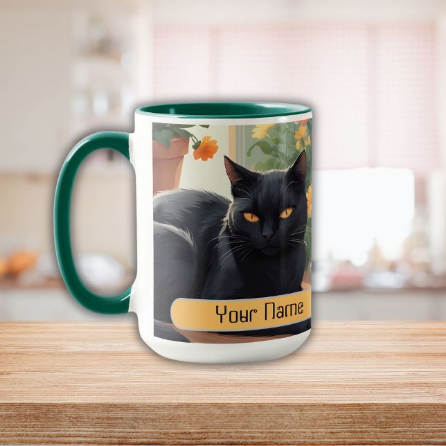 Personalisierte Schwarze Katze mit getöpften Blume Tasse (Personalized Black cat with potted flowers Mug)