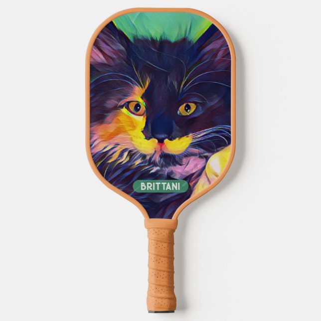 Personalisierte schwarze Katze, moderne Farben Pickleball Schläger (Vorderseite)