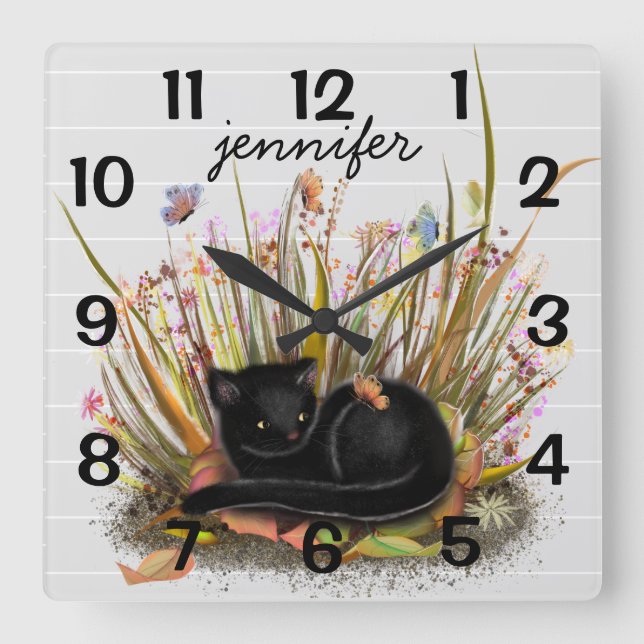 Personalisierte schwarze Katzenschmetterlinge Wall Quadratische Wanduhr (Vorderseite)