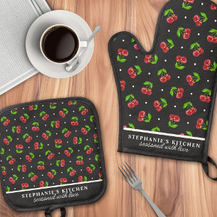 Personalisierte schwarze Kirschen mit Tupfen Ofenhandschuh & Topflappen-Set
