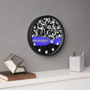 Personalisierte schwarze königsblaue Damast-Wanduh Wanduhr