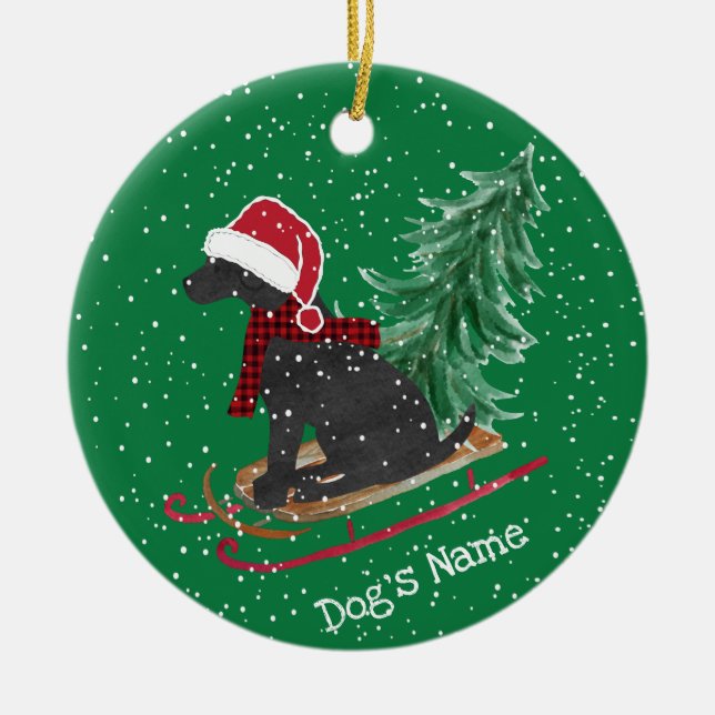 Personalisierte schwarze Lab Xmas-Schlitten Keramik Ornament (Vorne)