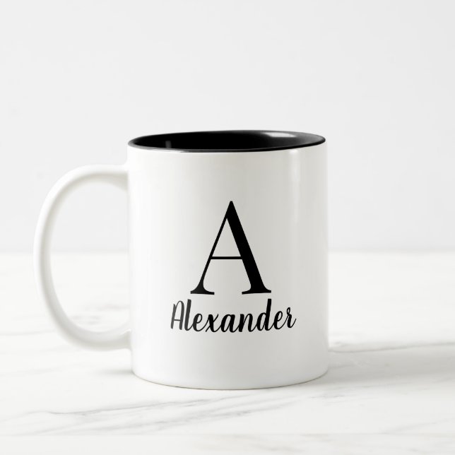 Personalisierte Schwarze Monogramm Name Kaffee Tas Zweifarbige Tasse (Links)