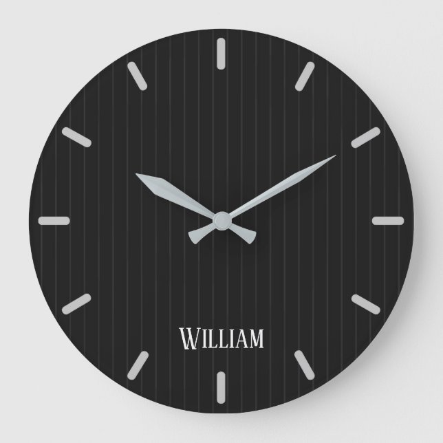Personalisierte schwarze Nadelstreifen Große Wanduhr (Vorderseite)