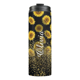 Personalisierte schwarze Sonnenblume Funkeln 0,5l Thermosbecher