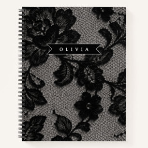 Personalisierte Schwarze Spitze Blumen Elegantes M Notizbuch