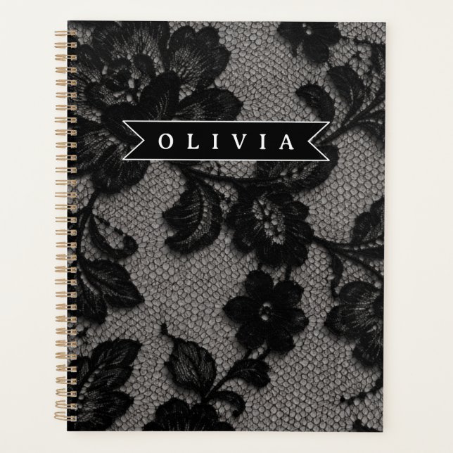 Personalisierte schwarze Spitzenblume elegantes Mo Planer (Vorderseite)