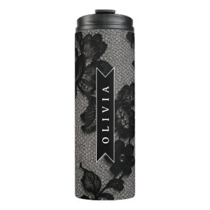 Personalisierte schwarze Spitzenblume elegantes Mo Thermosbecher