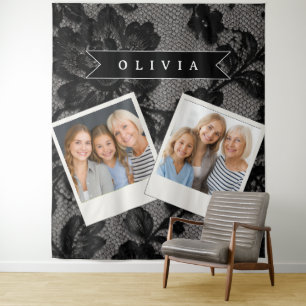 Personalisierte schwarze Spitzenblume elegantes Mo Wandteppich