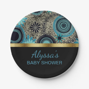 Personalisierte schwarze Türkis Gold Babyparty Pappteller