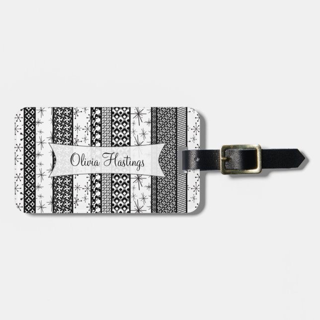 Personalisierte schwarze u. weiße Retro Gepäckanhänger (Vorderseite horizontal)
