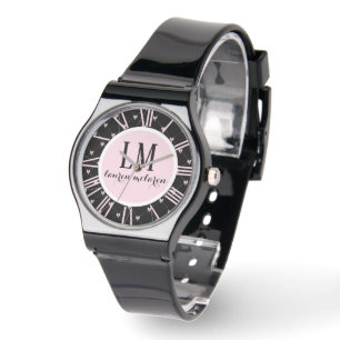 Personalisierte schwarze und rosa Schleife Armbanduhr
