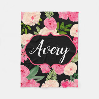 Personalisierte schwarze Watercolor-Blumen-Decke Fleecedecke