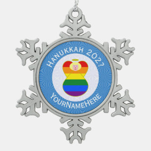 Personalisierte Schwule Preis Blond Engel Hanukkah Schneeflocken Zinn-Ornament