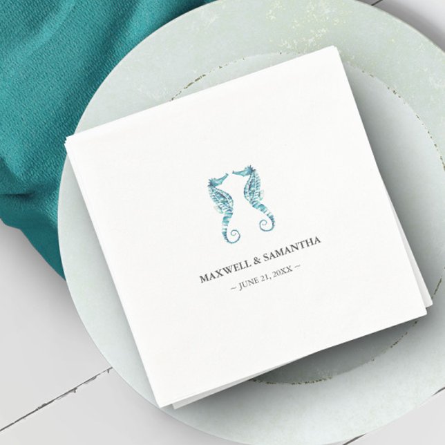 Personalisierte Seepferde am Strand Serviette (Beach wedding personalized paper napkins watercolor seahorses by Victoria Grigaliunas)
