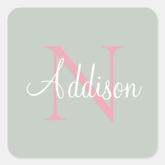 Personalisierte Seite Grünes Monogramm Pink Quadratischer Aufkleber (Vorderseite)