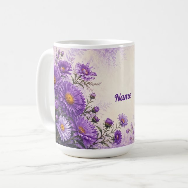 Personalisierte September-Geburtsblume Aster  Kaffeetasse (Vorderseite Links)