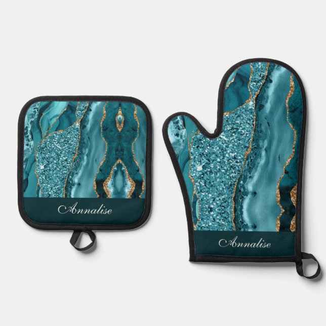 Personalisierte Sequin Aquamarin Blue Agate Ofenhandschuh & Topflappen-Set (Vorderseite)