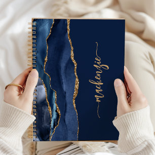 Personalisierte Signatur Navy Blau Gold Achat Notizbuch
