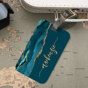 Personalisierte Signatur Türkisblau Gold Achat Gepäckanhänger