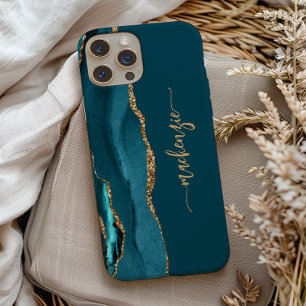 Personalisierte Signatur Türkisblau Gold Achat iPhone 13 Pro Hülle