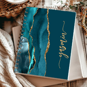 Personalisierte Signatur Türkisblau Gold Achat Notizbuch