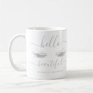 Personalisierte Silver Eyelashes "Hello Beautiful" Kaffeetasse