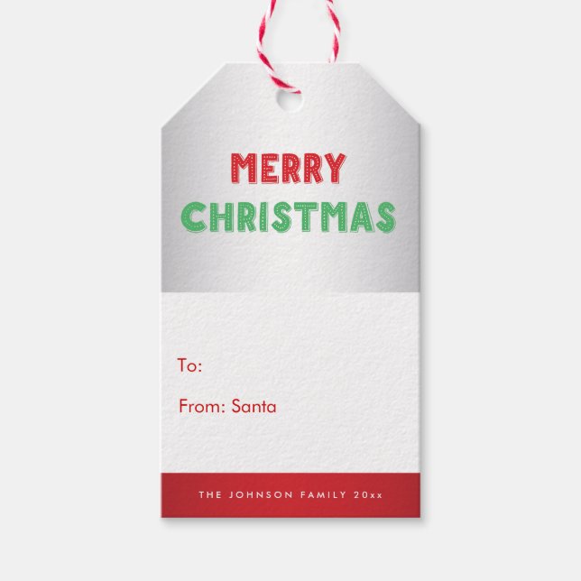 Personalisierte Silver Red Merry Weihnachtsgeschen Geschenkanhänger (Vorderseite)