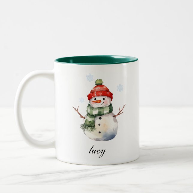 Personalisierte Snowman Weihnachts-Tasse Zweifarbige Tasse (Links)