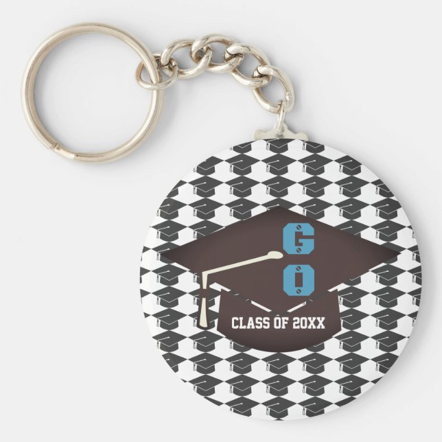 Personalisierte Sockel und Abschluss-Blau-Text Schlüsselanhänger (Vorne)