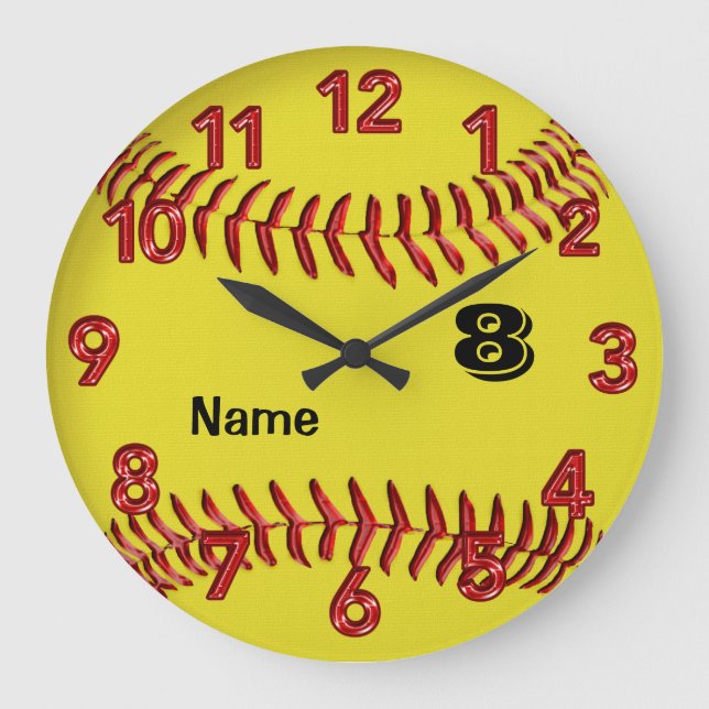 Personalisierte Softball-Uhr mit NUMMER und NAME Große Wanduhr (Vorderseite)