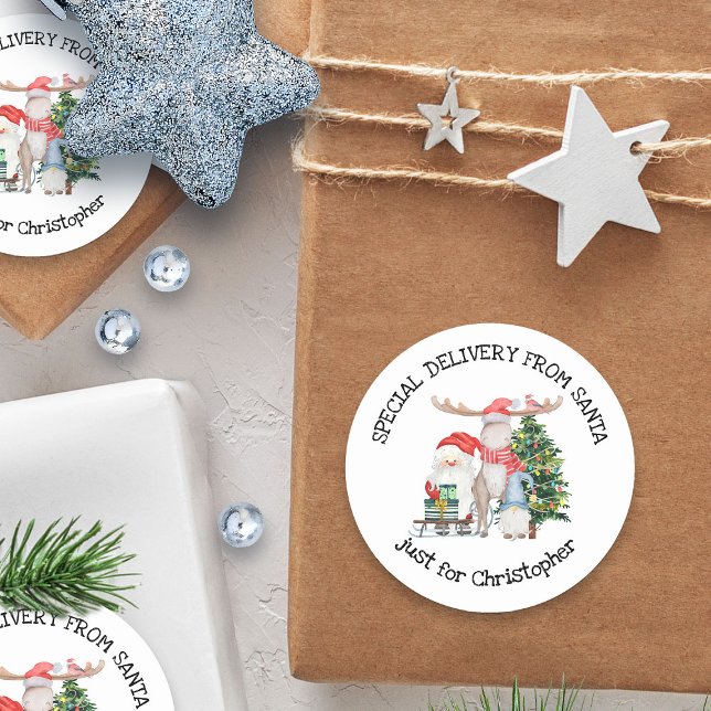 Personalisierte Sonderlieferung vom Weihnachtsmann Runder Aufkleber (Special Delivery from Santa Sticker - personalized with child's name)