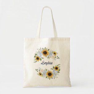 Personalisierte Sonnenblumen Dusty Blue Flora Grün Tragetasche