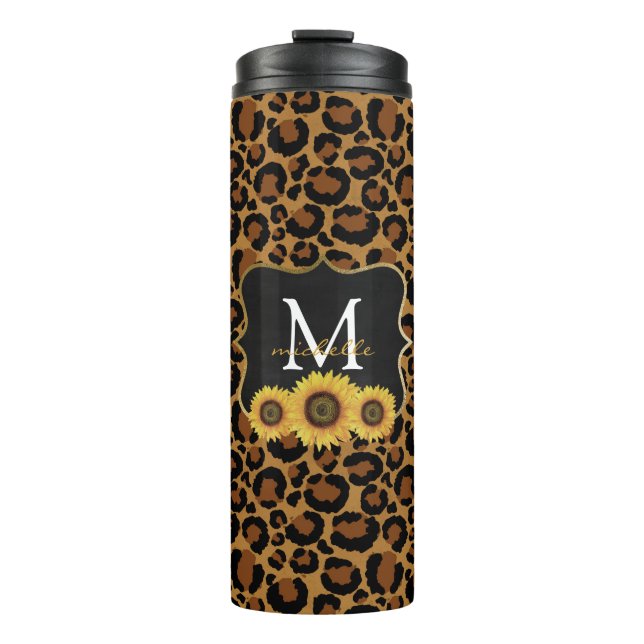 Personalisierte Sonnenblumen und Leopard Thermosbecher (Vorderseite)