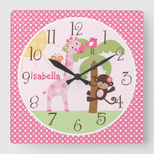 Personalisierte sonnige Affe & Giraffe Kinderzimme Quadratische Wanduhr