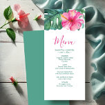 Personalisierte Speisekarten für Hochzeiten Tropis Menükarte<br><div class="desc">Diese personalisierten Hochzeitsmenükarten verfügen über eine einzigartige Aquarell-Hibiskus-Blume und ein Monstera-Palmenblatt in kräftigen Rosa- und Grüntönen. Die Karte kehrt zu einer entsprechenden Farbe zurück. Benutzen Sie die Vorlagenfelder, um Ihr individuelles Dinner-Menü für Hochzeiten zu bearbeiten. Eine schicke tropische Insel für tropische Hochzeiten in Urlaubsort, ein Brautparty, Proben oder was auch...</div>