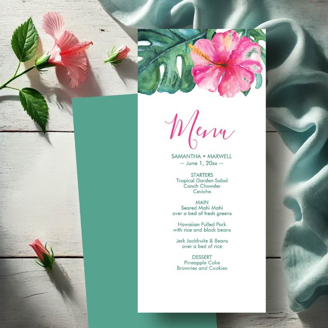 Personalisierte Speisekarten für Hochzeiten Tropis Menükarte (Wedding menu cards watercolor hibiscus flower & palm leaves by Victoria Grigaliunas DoTellABelle)