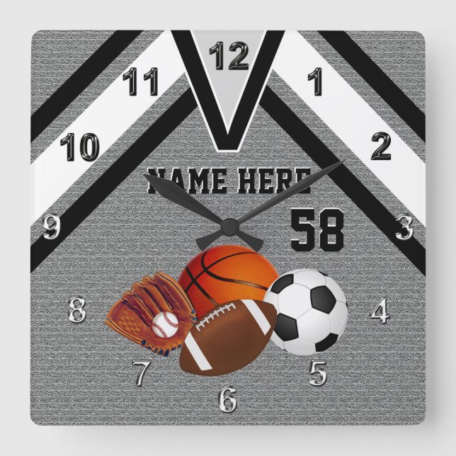Personalisierte Sport-Wand-Uhr, Ihr Name, Zahl Quadratische Wanduhr (Vorderseite)