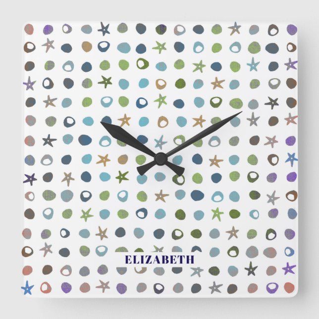 Personalisierte Starfish & Muscheln Quadratische Wanduhr (Vorderseite)