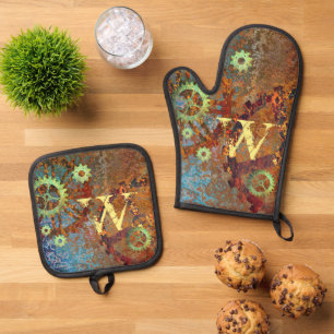 Personalisierte Steampunk-Uhrwerk Ofenhandschuh & Topflappen-Set