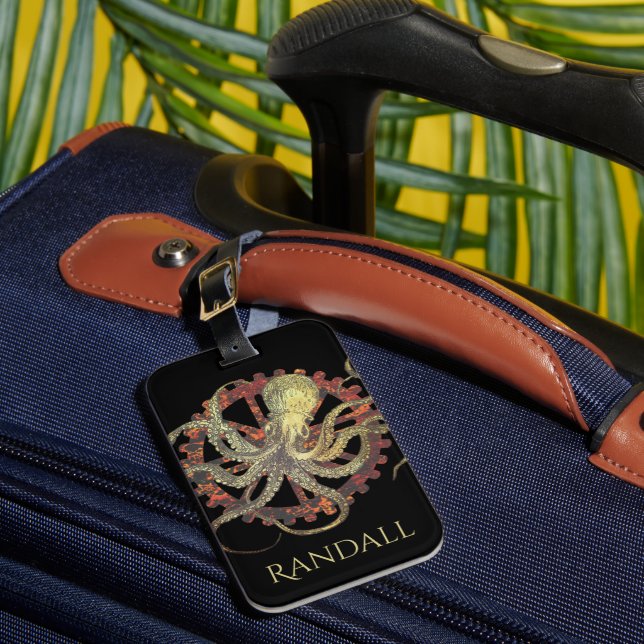 Personalisierte Steampunkotopus und rostfreie Uhre Gepäckanhänger (Vorderseite Insitu 1)